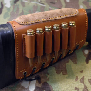 Leather buttstock ammo holder with suede cheek pad