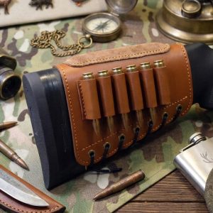 Leather buttstock ammo holder with suede cheek pad
