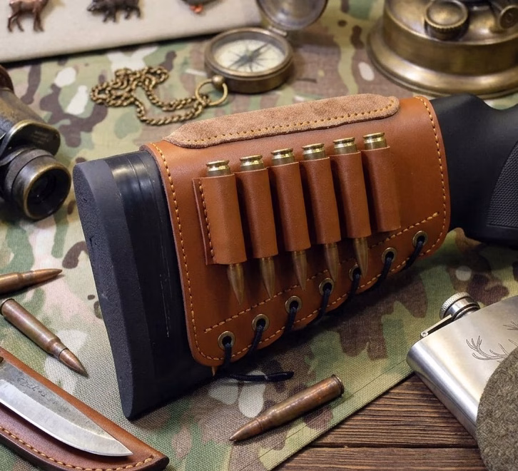 Leather buttstock ammo holder with suede cheek pad
